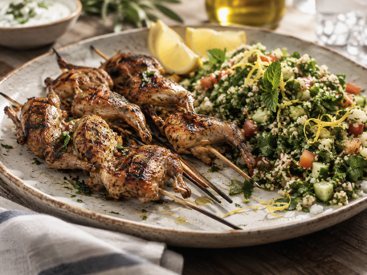 Wachtel-Spieße vom Grill mit Zitronen-Taboulé