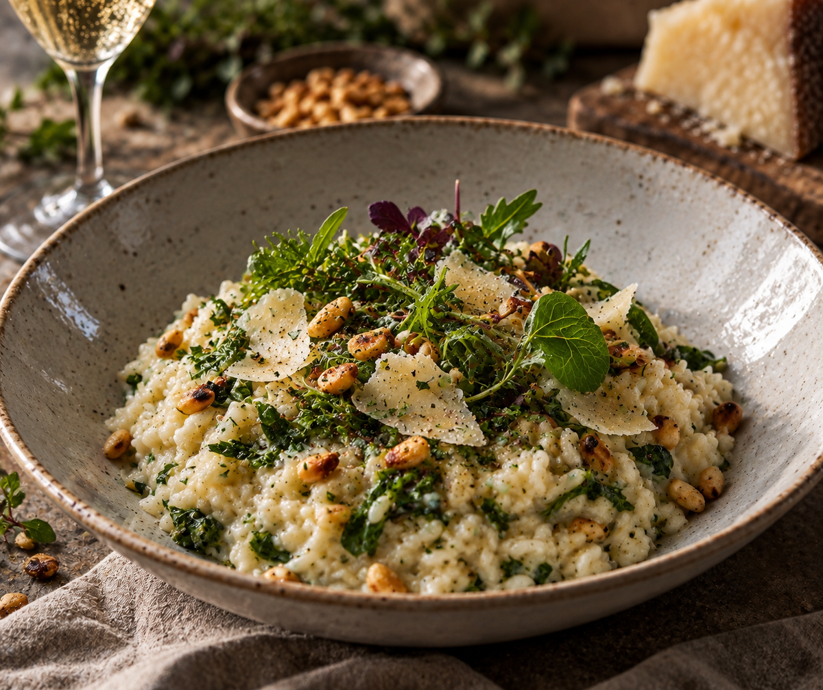 Wildkräuter-Risotto mit Bergkäse & gerösteten Pinienkernen