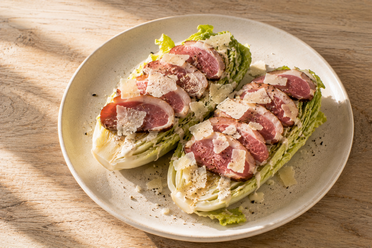 Römersalat mit Parmesan, Sardellen-Dressing und geräucherter Entenbrust