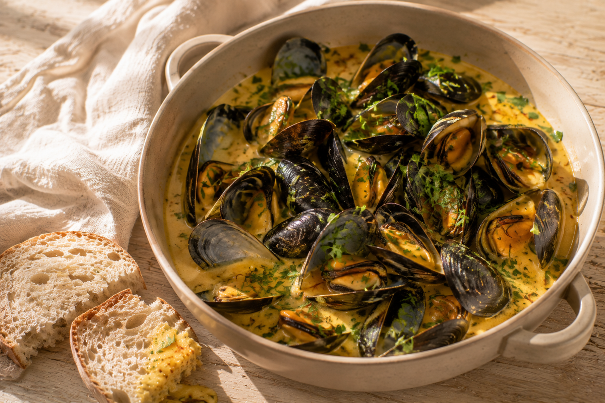 Miesmuscheln in Safran-Sahne mit Weißbrot