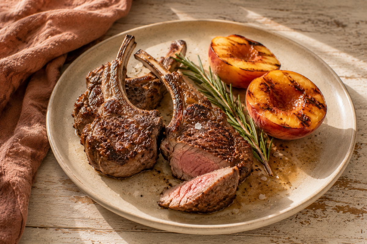 Lammkoteletts mit gegrilltem Pfirsich und Rosmarin