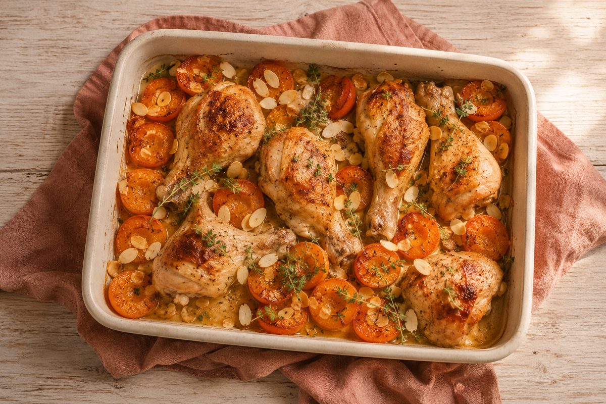 Ofen-Hähnchen mit Aprikosen, Mandeln und Thymian