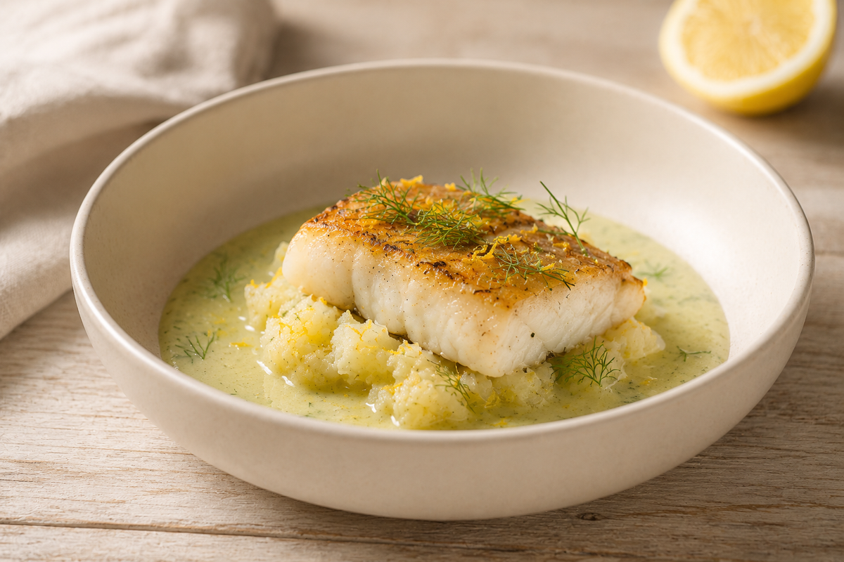 Kabeljau auf Kartoffel-Zitronenstampf mit Fenchel-Velouté