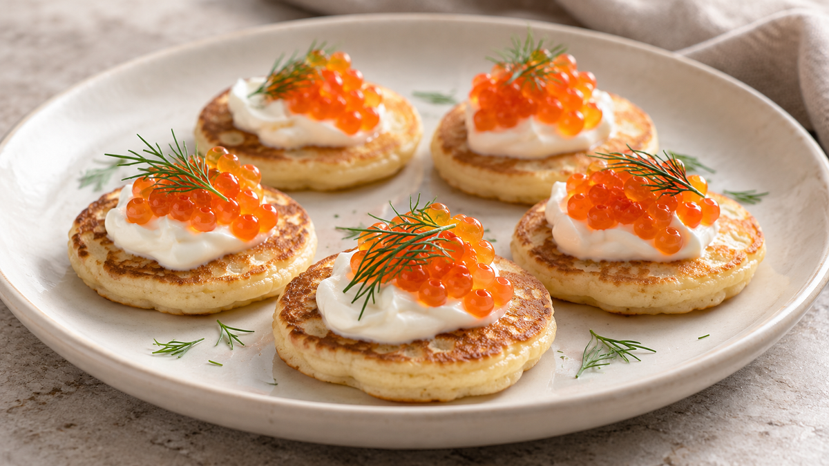 Blini mit Crème fraîche und Forellenkaviar