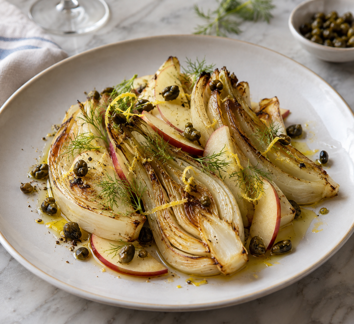 Gebratener Fenchel mit Apfel, Zitronenöl und knusprigen Kapern