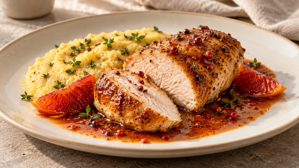 Gebratene Hähnchenbrust mit Blutorangenjus, Kräuter-Polenta & rosa Pfeffer