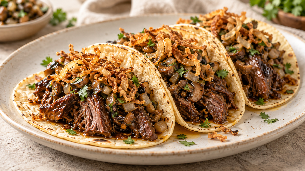 Geschmorte Schweinebäckchen-Tacos mit Pilz-Salsa & Röstzwiebeln