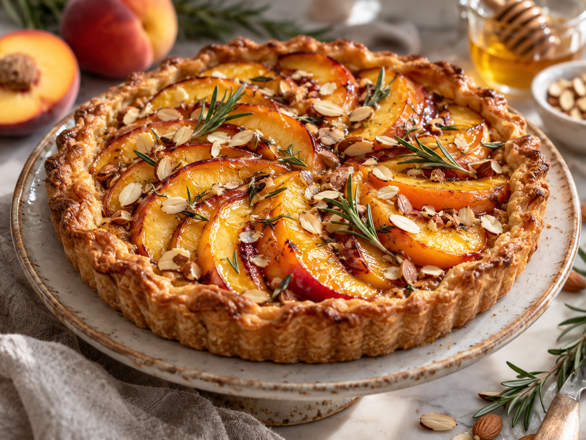 Pfirsich-Rosmarin-Tarte mit Honig und Mandeln