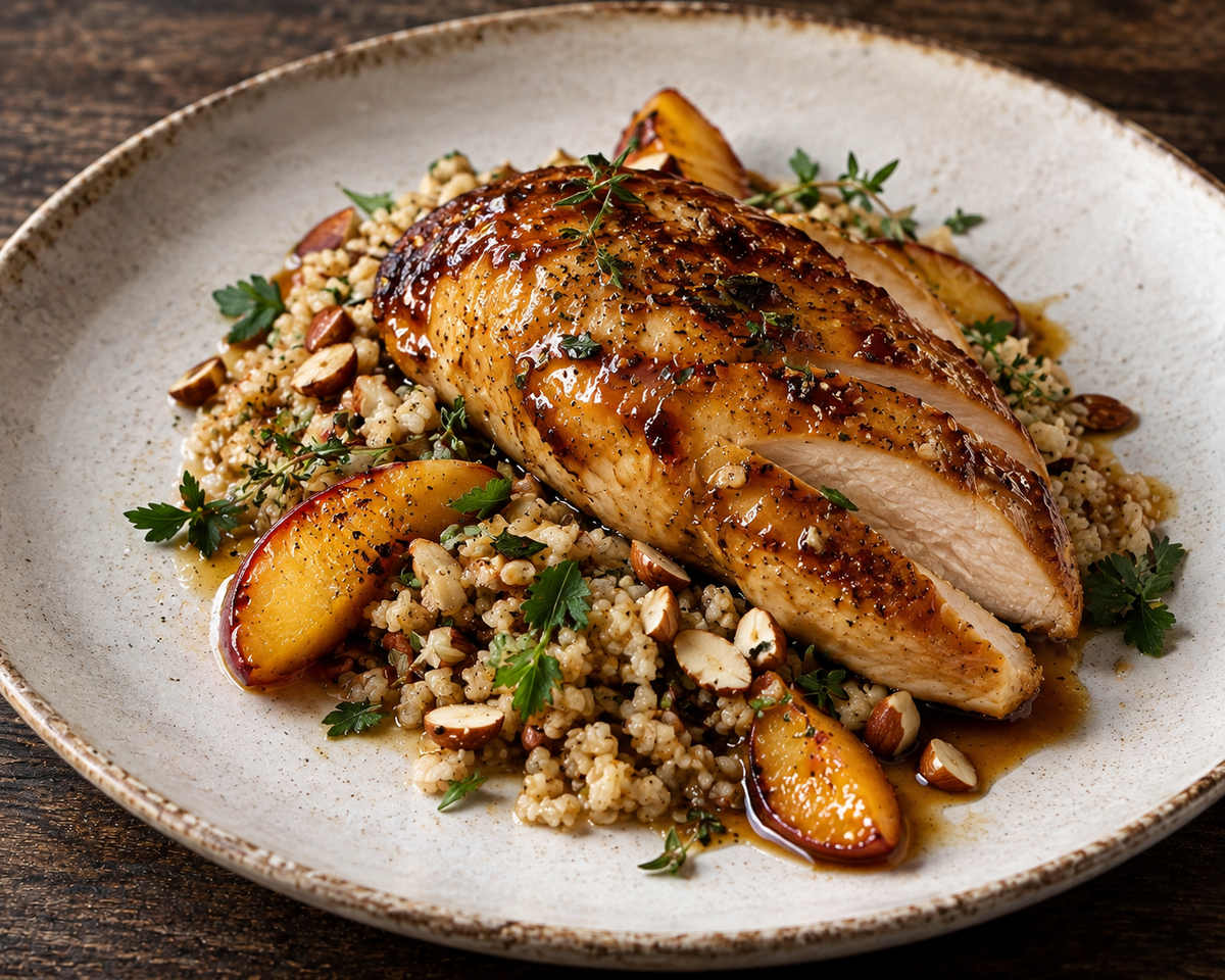 Perlhuhnbrust mit Honig-Pfirsich-Glasur & Mandel-Bulgur