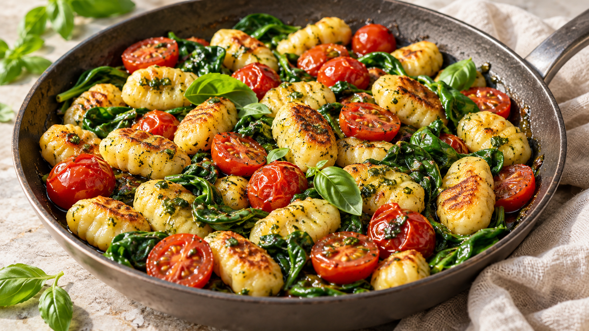 Sommerliche Gnocchi-Pfanne mit Kirschtomaten, Babyspinat & Basilikumöl