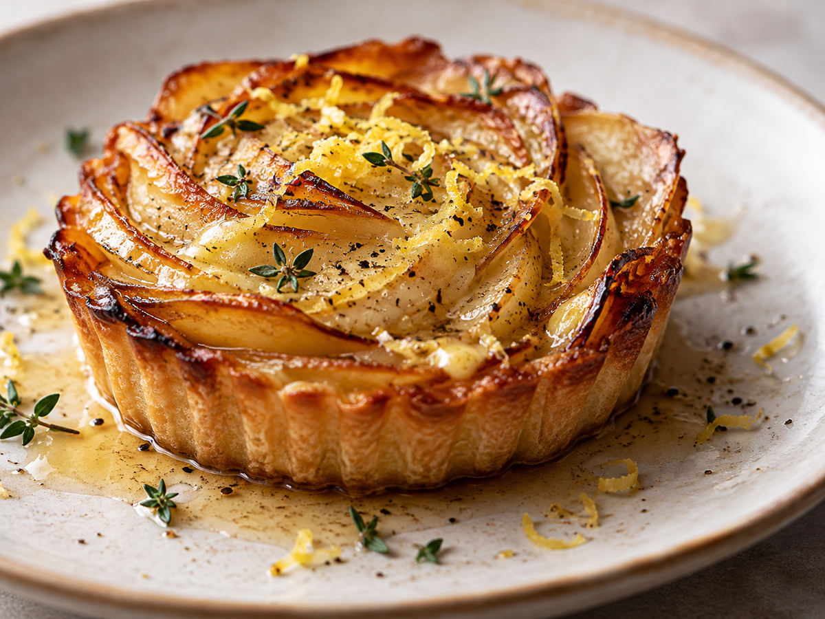 Kartoffel-Tartelette mit Comté, brauner Butter & Zitronenzeste