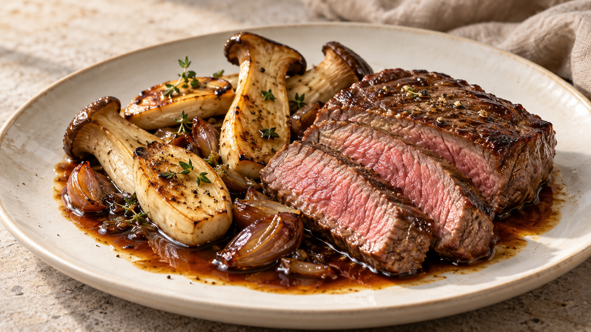 Hüftsteak vom Weiderind mit Kräuterseitlingen & Schalottenjus