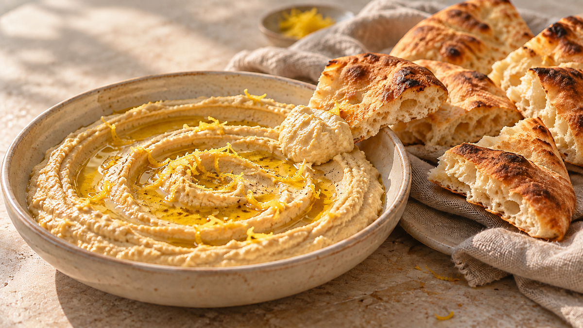 Hummus mit Zitronenzeste und warmem Fladenbrot.