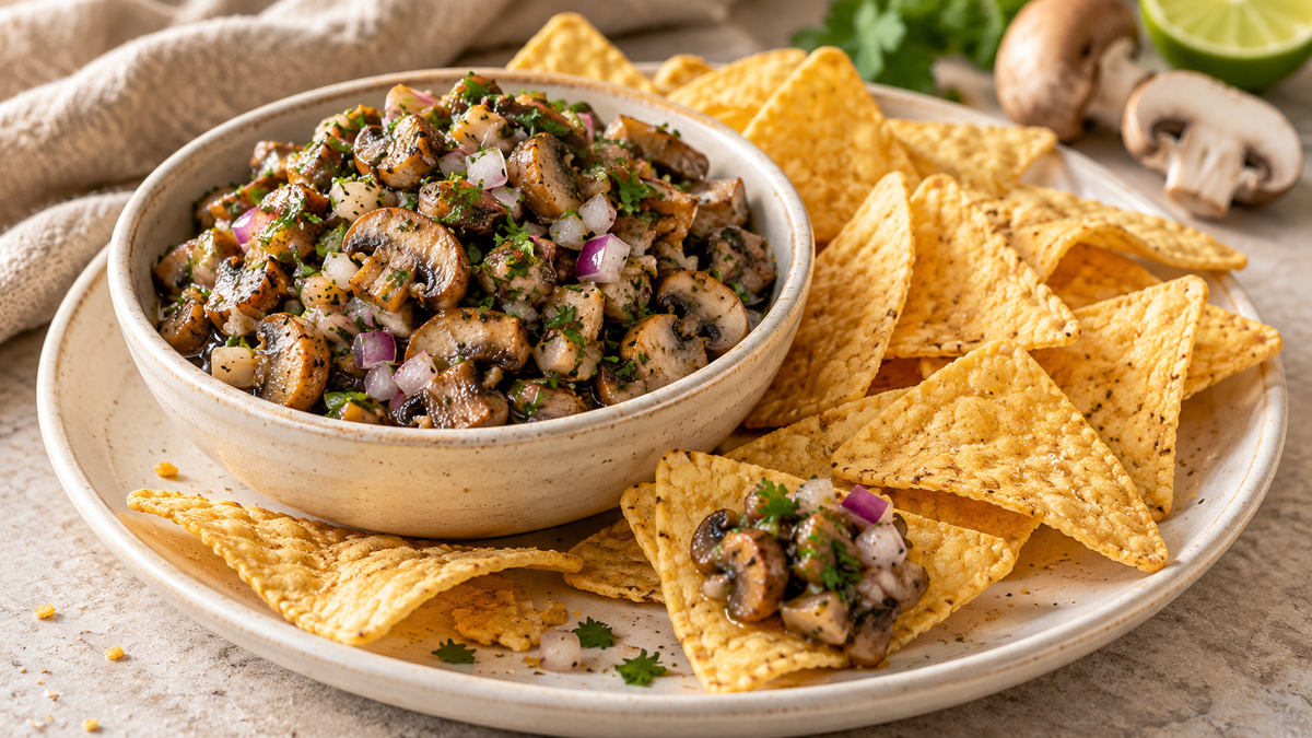 Pilz-Salsa mit Tortilla-Chips.
