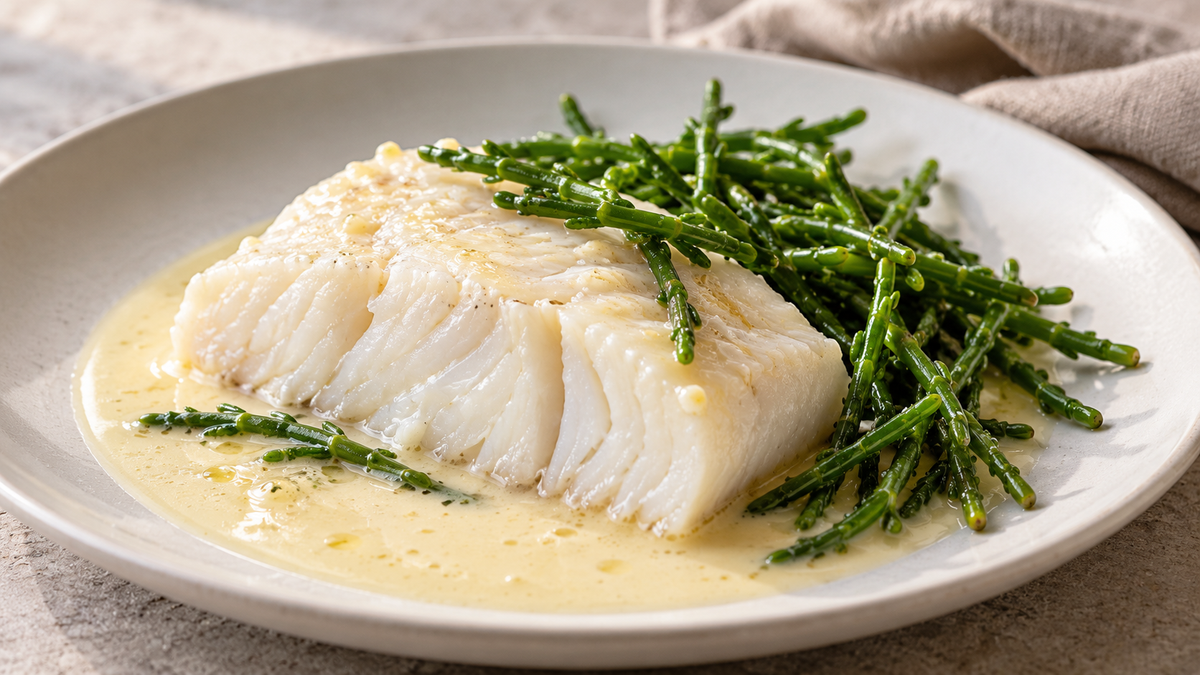 Pochierter Kabeljau mit Beurre blanc und Queller