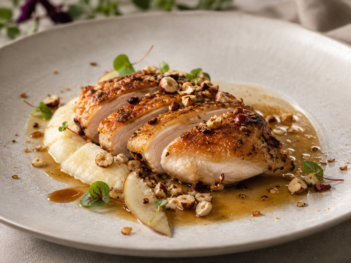 Gebratene Poulardenbrust mit Sellerie-Apfel-Püree, Haselnuss-Crunch und Champagnerjus