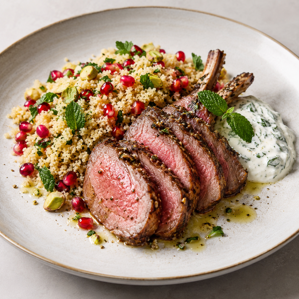 Rosa Lammrücken mit Granatapfel-Couscous und Minzjoghurt