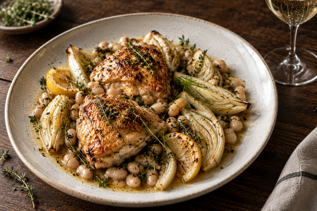 Zitronen-Thymian-Hähnchen mit Fenchel & weißen Bohnen