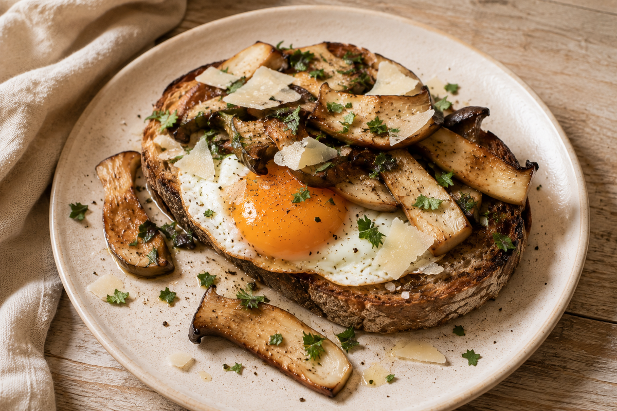 Kräuterseitlinge auf Röstbrot mit Ei und Parmesan