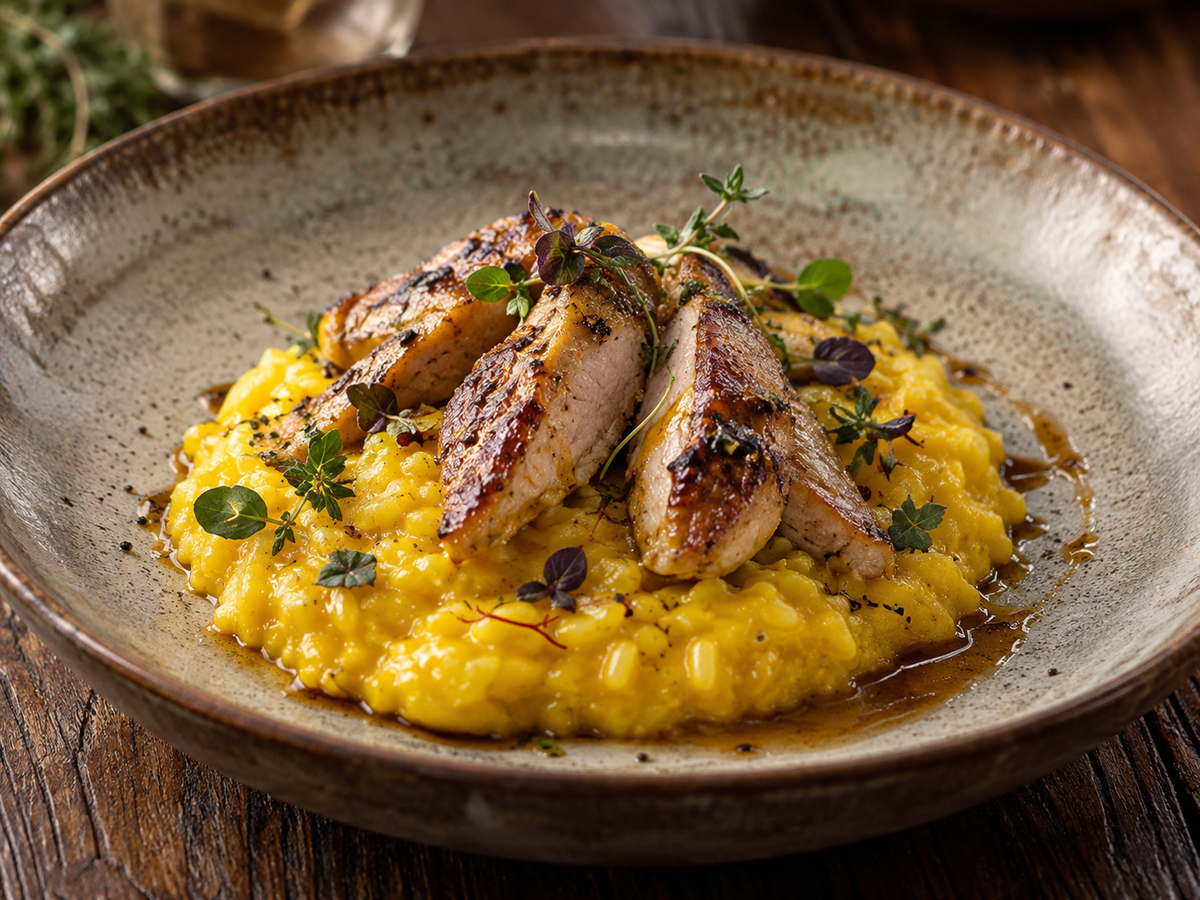 Wachtelbrüstchen vom Grill auf Safran-Risotto