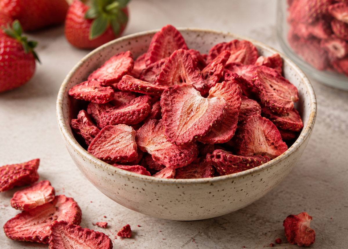 Gefriergetrocknete Erdbeeren — konzentrierte rote Frucht.