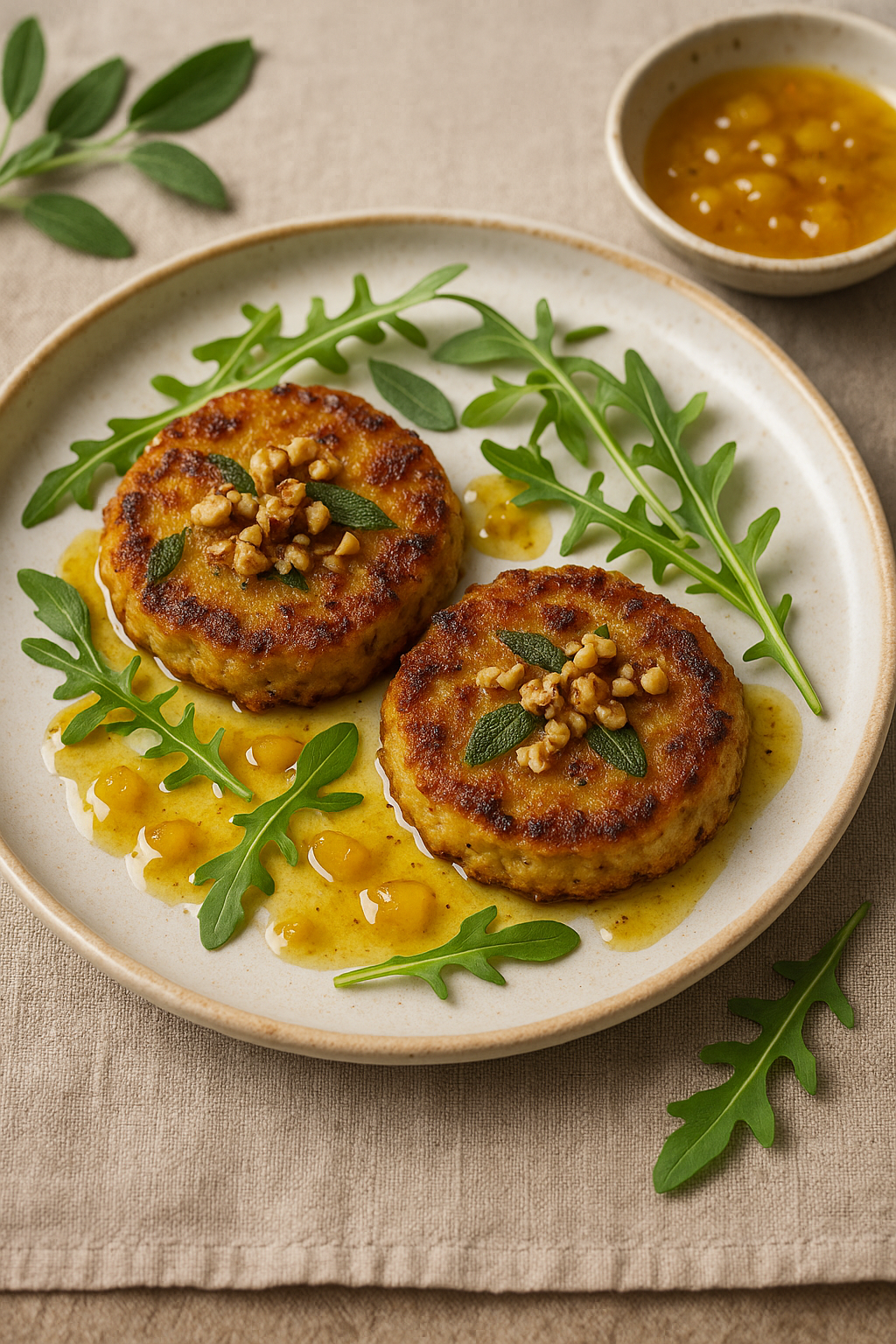 Karamellisierter Pastinaken-Walnuss-Taler mit Salbei, Honig und Mirabellen-Vinaigrette