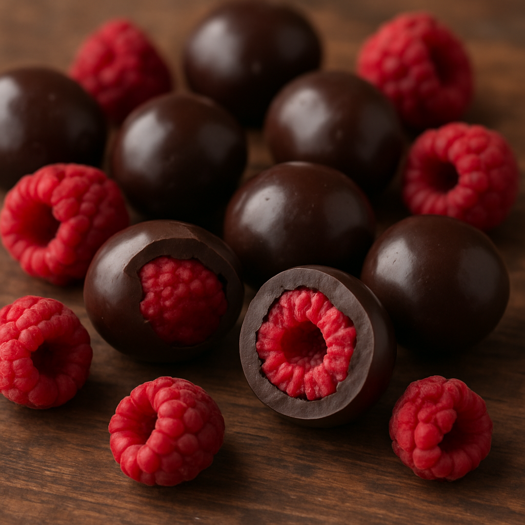 Getrocknete Himbeeren in Zartbitterschokolade.