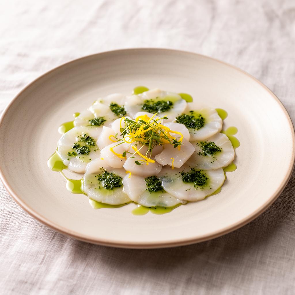 Jakobsmuschel-Carpaccio mit Kräuteröl und Zitronenzeste