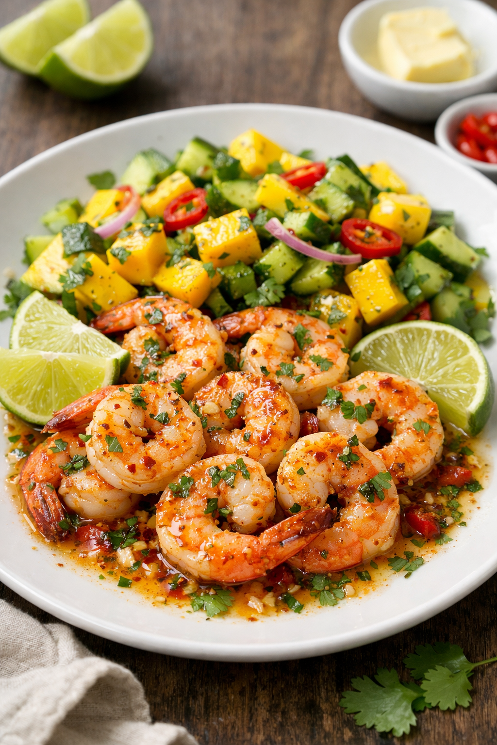 Garnelen in Chili-Limetten-Butter mit Mango-Gurken-Salat