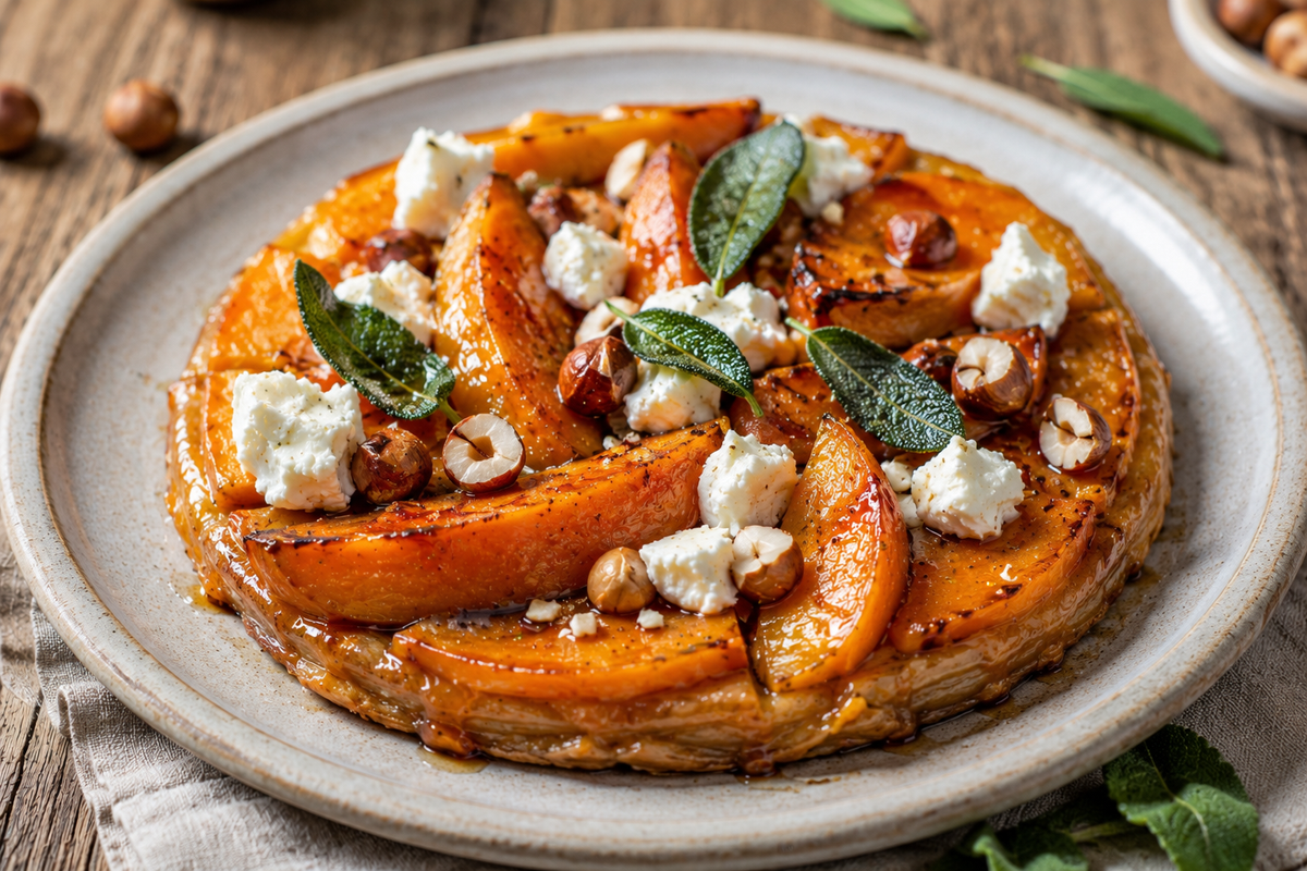 Kürbis-Tarte-Tatin mit Ziegenfrischkäse, Haselnuss und Salbei