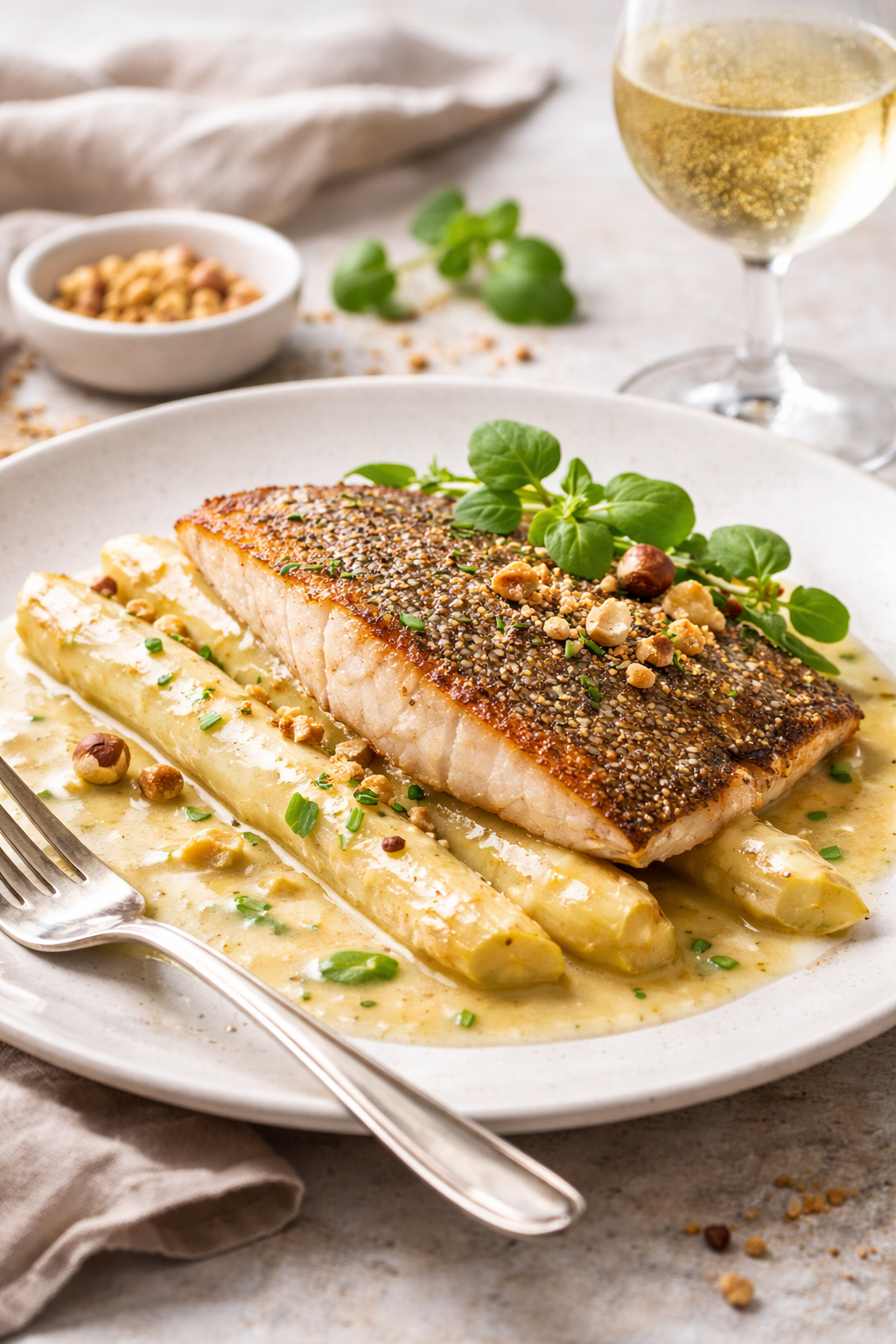 Steinbutt mit Champagner-Beurre-blanc, weißem Spargel und Haselnuss